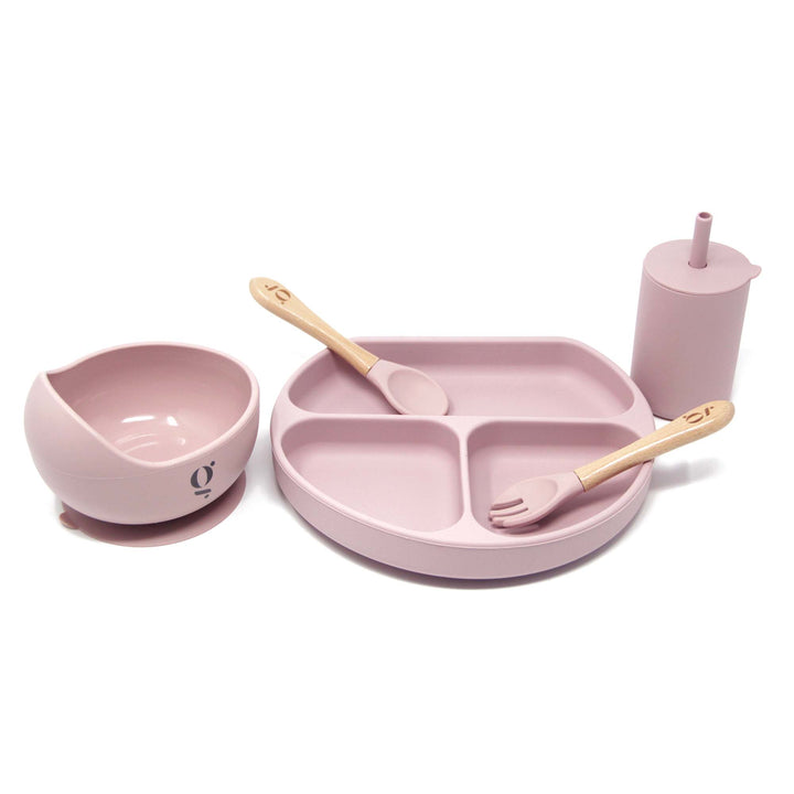 Silicone Baby Toddler Dinnerware Set | Silicone Suction Plate | Silicone Suction Bowl | Silicone Sippy Cup | Silicone Bib | Silicone Wood Spoon and Fork | Green Walnut