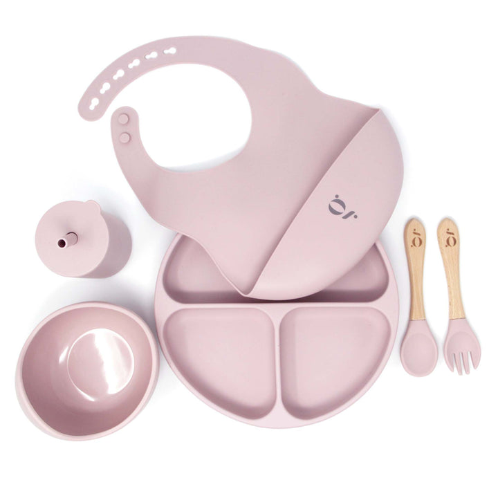 Silicone Baby Toddler Dinnerware Set | Silicone Suction Plate | Silicone Suction Bowl | Silicone Sippy Cup | Silicone Bib | Silicone Wood Spoon and Fork | Green Walnut
