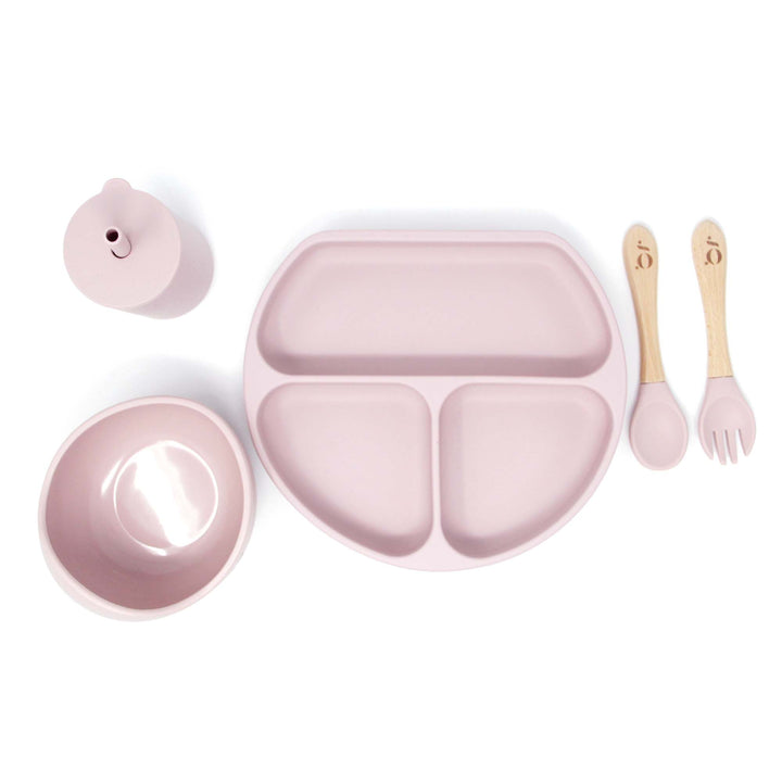 Silicone Baby Toddler Dinnerware Set | Silicone Suction Plate | Silicone Suction Bowl | Silicone Sippy Cup | Silicone Bib | Silicone Wood Spoon and Fork | Green Walnut