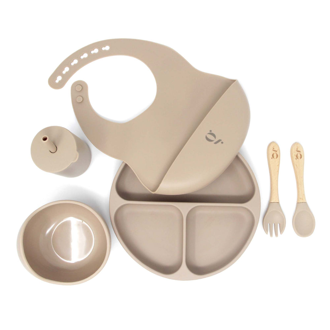 Silicone Baby Toddler Dinnerware Set | Silicone Suction Plate | Silicone Suction Bowl | Silicone Sippy Cup | Silicone Bib | Silicone Wood Spoon and Fork | Green Walnut