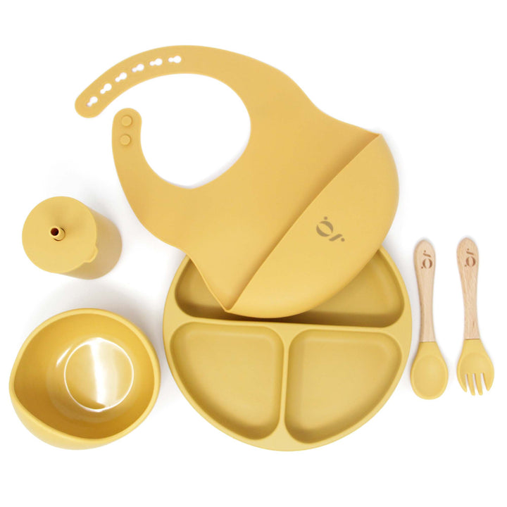 Silicone Baby Toddler Dinnerware Set | Silicone Suction Plate | Silicone Suction Bowl | Silicone Sippy Cup | Silicone Bib | Silicone Wood Spoon and Fork | Green Walnut