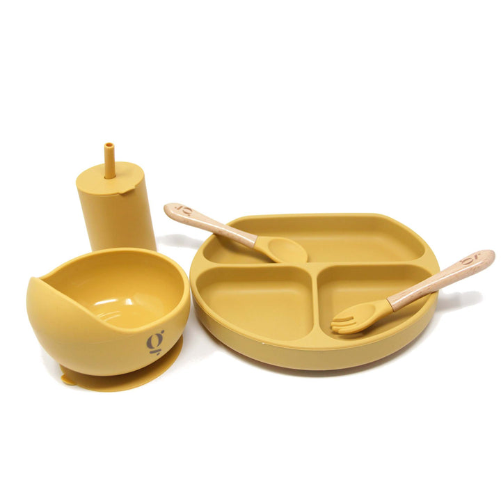 Silicone Baby Toddler Dinnerware Set | Silicone Suction Plate | Silicone Suction Bowl | Silicone Sippy Cup | Silicone Bib | Silicone Wood Spoon and Fork | Green Walnut