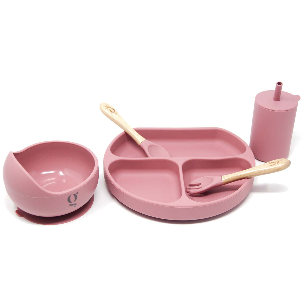 Silicone Baby Toddler Dinnerware Set | Silicone Suction Plate | Silicone Suction Bowl | Silicone Sippy Cup | Silicone Bib | Silicone Wood Spoon and Fork | Green Walnut
