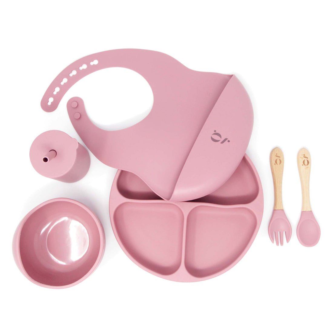 Silicone Baby Toddler Dinnerware Set | Silicone Suction Plate | Silicone Suction Bowl | Silicone Sippy Cup | Silicone Bib | Silicone Wood Spoon and Fork | Green Walnut