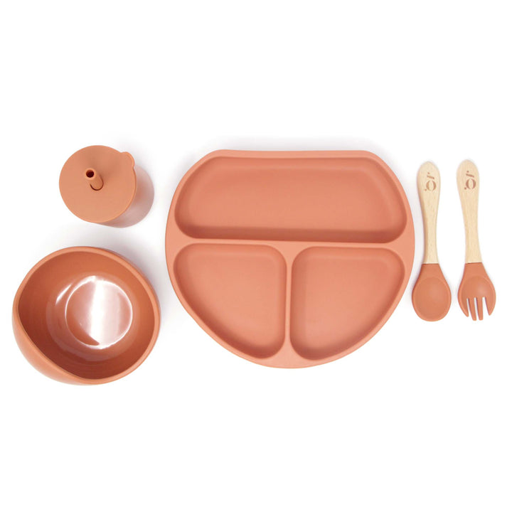 Silicone Baby Toddler Dinnerware Set | Silicone Suction Plate | Silicone Suction Bowl | Silicone Sippy Cup | Silicone Bib | Silicone Wood Spoon and Fork | Green Walnut