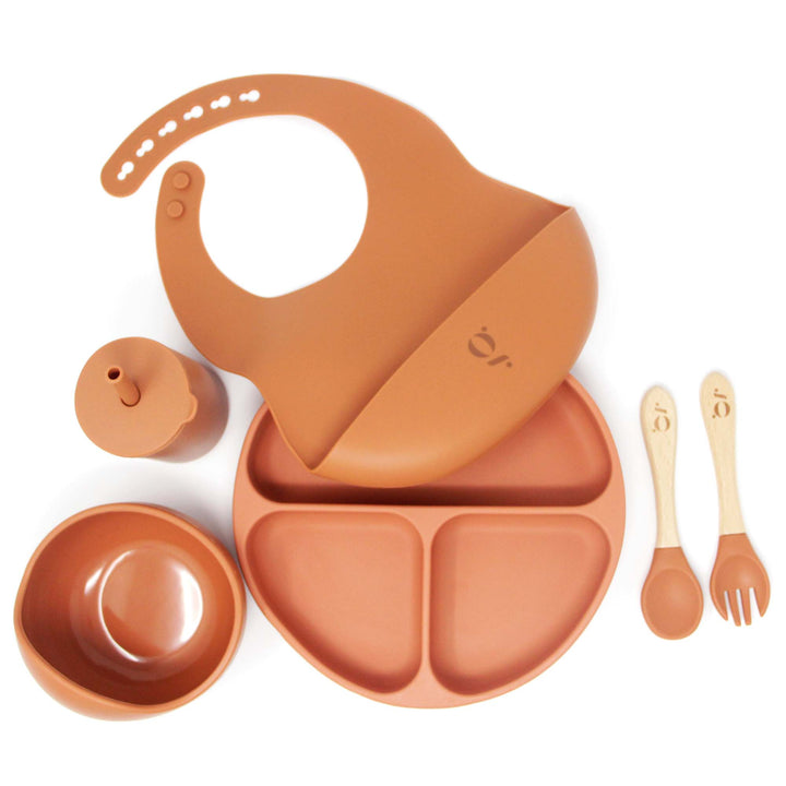 Silicone Baby Toddler Dinnerware Set | Silicone Suction Plate | Silicone Suction Bowl | Silicone Sippy Cup | Silicone Bib | Silicone Wood Spoon and Fork | Green Walnut