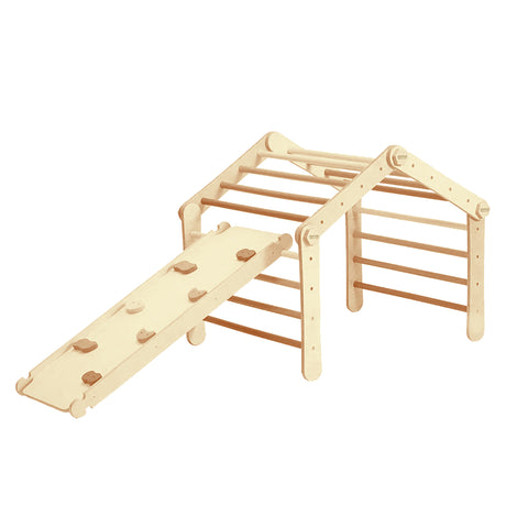 Large Convertible Wooden Pikler Triangle Gym With Slide & Ramp | Multifold Climbing Gym - Green Walnut Inc.