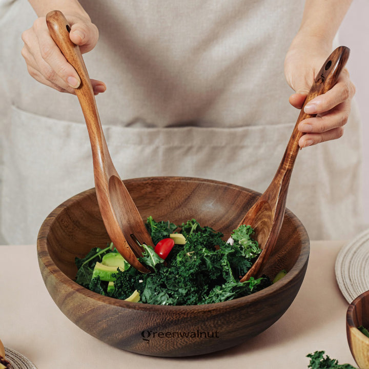 Acacia Wood Serving Bowl Set – Salad Bowl with Matching Serving Spoons