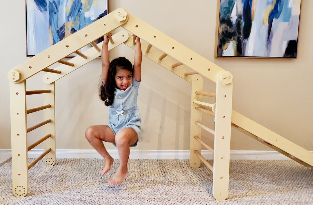 Large Convertible Wooden Pikler Triangle Gym With Slide & Ramp | Multifold Climbing Gym - Green Walnut Inc.