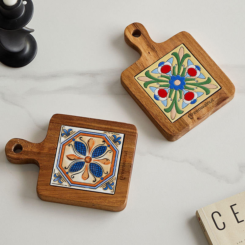 Acacia Wood Heat-Resistant Pot & Cup Trivets with Handcrafted Ceramic Tile Inlay | Wood Coasters | Pot Pad