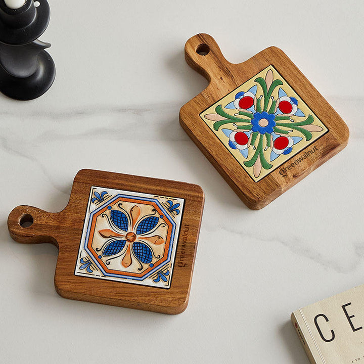 Acacia Wood Heat-Resistant Pot & Cup Trivets with Handcrafted Ceramic Tile Inlay | Wood Coasters | Pot Pad