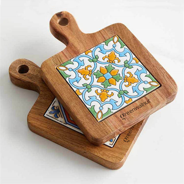 Acacia Wood Heat-Resistant Pot & Cup Trivets with Handcrafted Ceramic Tile Inlay | Wood Coasters | Pot Pad