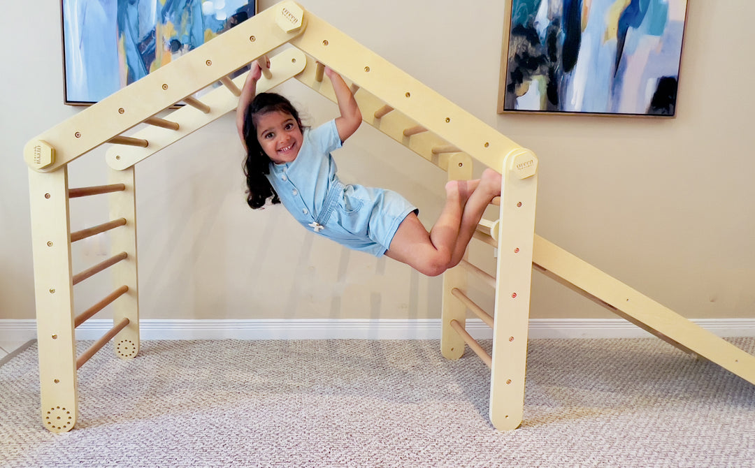 Large Convertible Wooden Pikler Triangle Gym With Slide & Ramp | Multifold Climbing Gym - Green Walnut Inc.