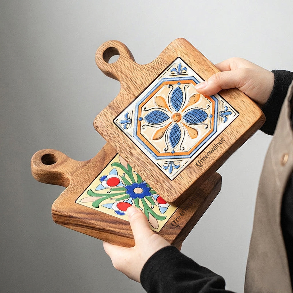 Acacia Wood Heat-Resistant Pot & Cup Trivets with Handcrafted Ceramic Tile Inlay | Wood Coasters | Pot Pad
