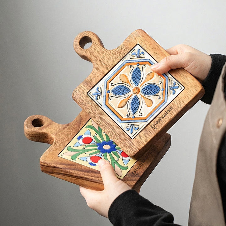 Acacia Wood Heat-Resistant Pot & Cup Trivets with Handcrafted Ceramic Tile Inlay | Wood Coasters | Pot Pad
