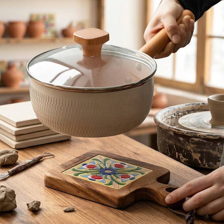 Acacia Wood Heat-Resistant Pot & Cup Trivets with Handcrafted Ceramic Tile Inlay | Wood Coasters | Pot Pad