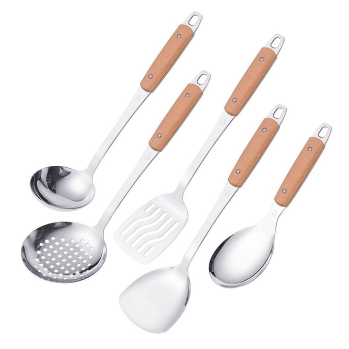 5-Piece Stainless Steel Kitchen Utensil Set with Wooden Handles