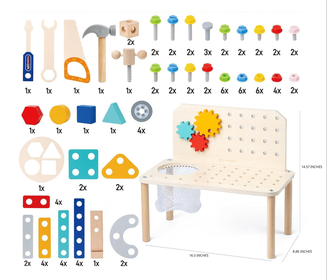 Wooden Kids Tool Bench Set with Gears, Nuts, Bolts & Building Accessories | Wooden Tool Workshop | Stem Toy