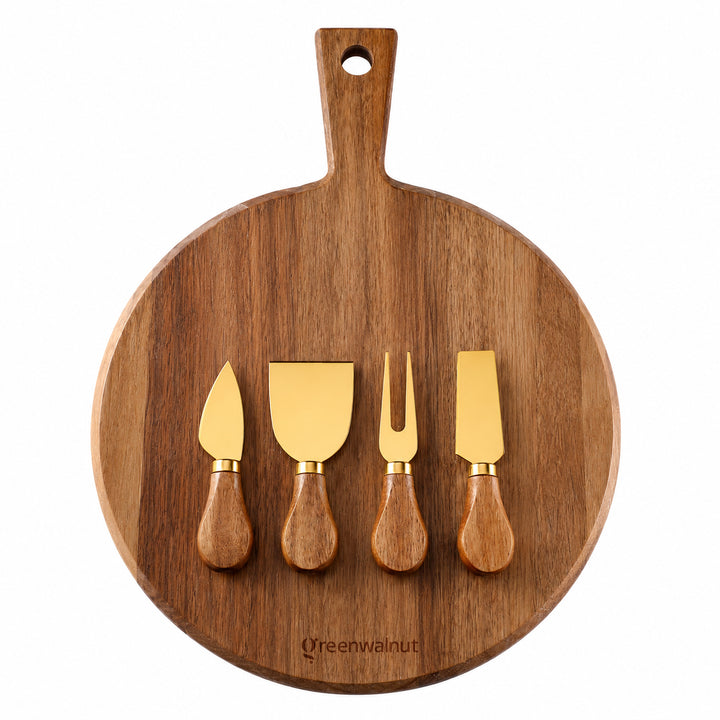 Acacia Wood Cheese Board & Gold Stainless Steel Cheese Knife Set – Premium Charcuterie Serving Board with 4 Cheese Tools