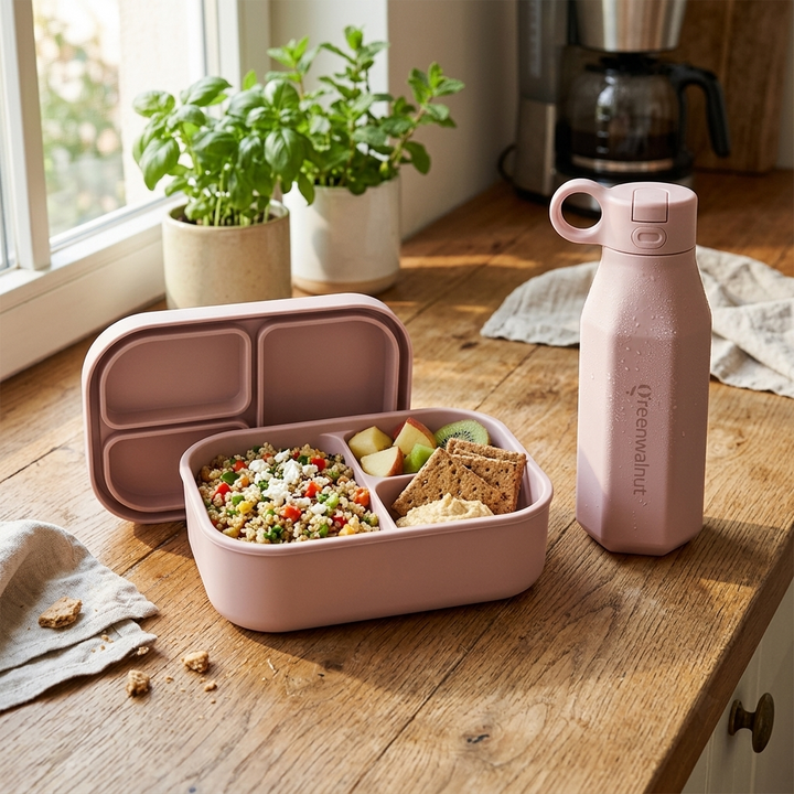 Silicone Bento Lunch Box & Water Bottle Set – Leakproof 3-Compartment Food Container for Kids & Adults