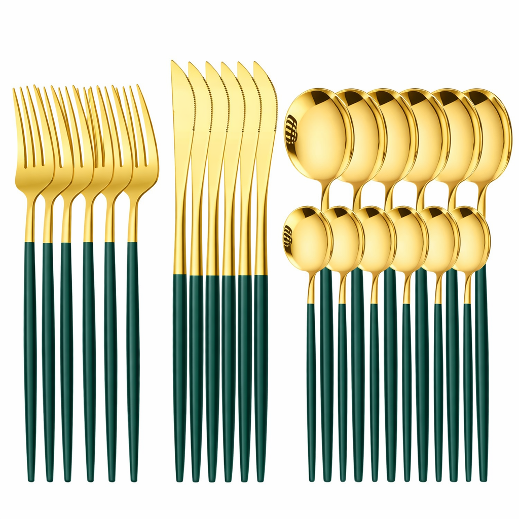 24-Piece Stainless Steel Cutlery Set – Gold Finish with Colour Handles | Flatware Set