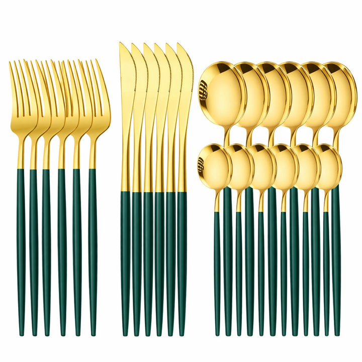 24-Piece Stainless Steel Cutlery Set – Gold Finish with Colour Handles | Flatware Set