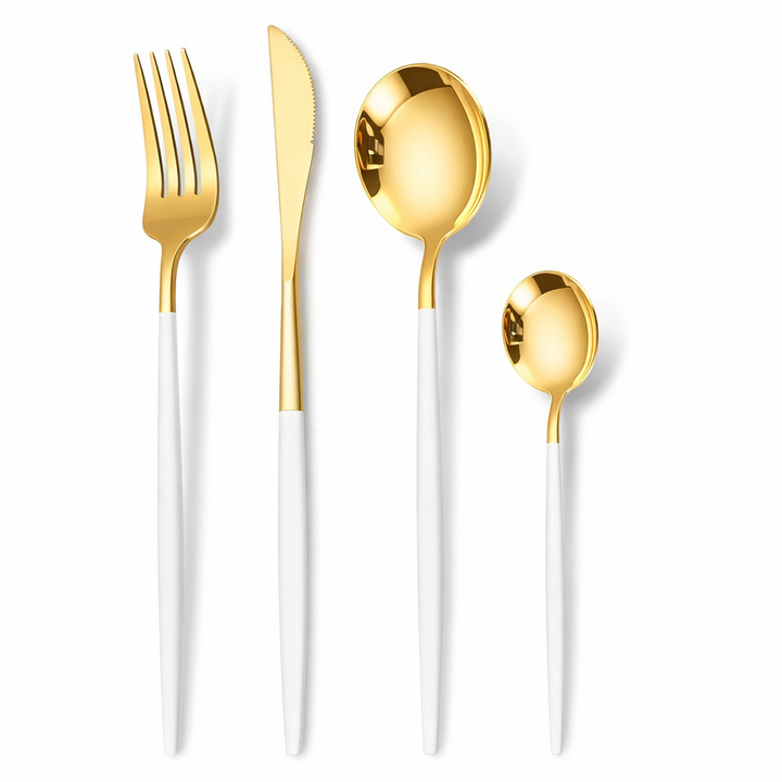 24-Piece Stainless Steel Cutlery Set – Gold Finish with Colour Handles | Flatware Set