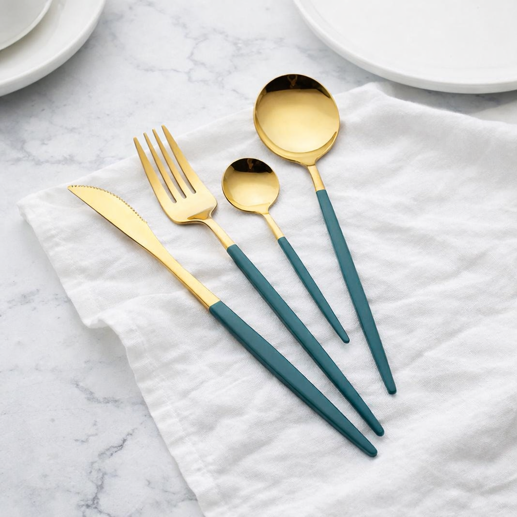 24-Piece Stainless Steel Cutlery Set – Gold Finish with Colour Handles | Flatware Set