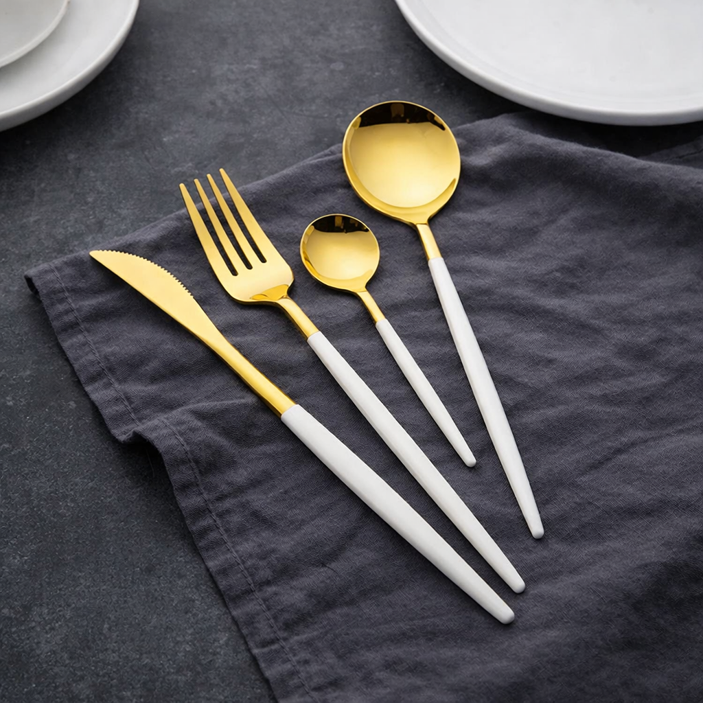 24-Piece Stainless Steel Cutlery Set – Gold Finish with Colour Handles | Flatware Set