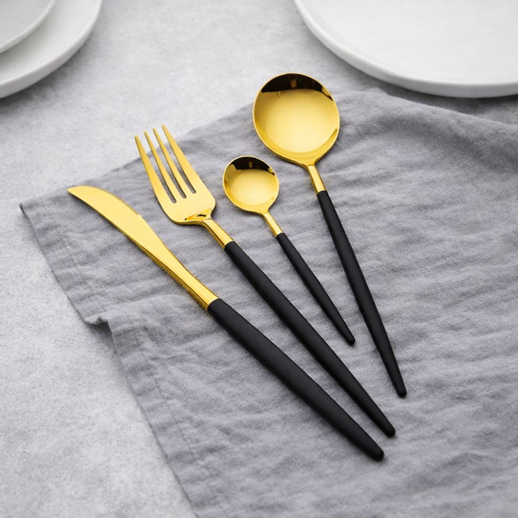 24-Piece Stainless Steel Cutlery Set – Gold Finish with Colour Handles | Flatware Set