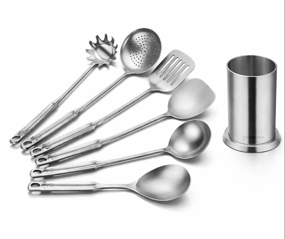 7-Piece Stainless Steel Kitchen Utensil Set with Holder – Durable, Mod – Green Walnut Inc.