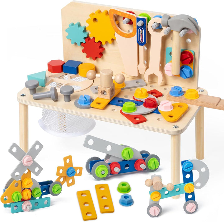 Wooden Kids Tool Bench Set with Gears, Nuts, Bolts & Building Accessories | Wooden Tool Workshop | Stem Toy