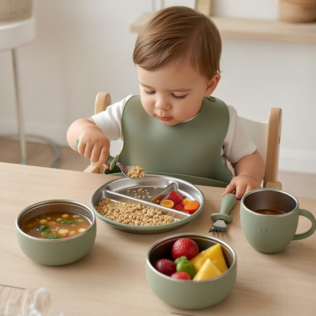 Premium 7-Piece Silicone & Stainless Steel Kids Dinnerware Set | Feeding Set