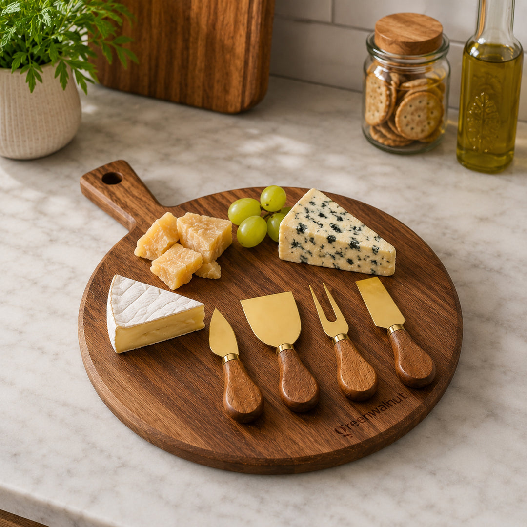 Acacia Wood Cheese Board & Gold Stainless Steel Cheese Knife Set – Premium Charcuterie Serving Board with 4 Cheese Tools