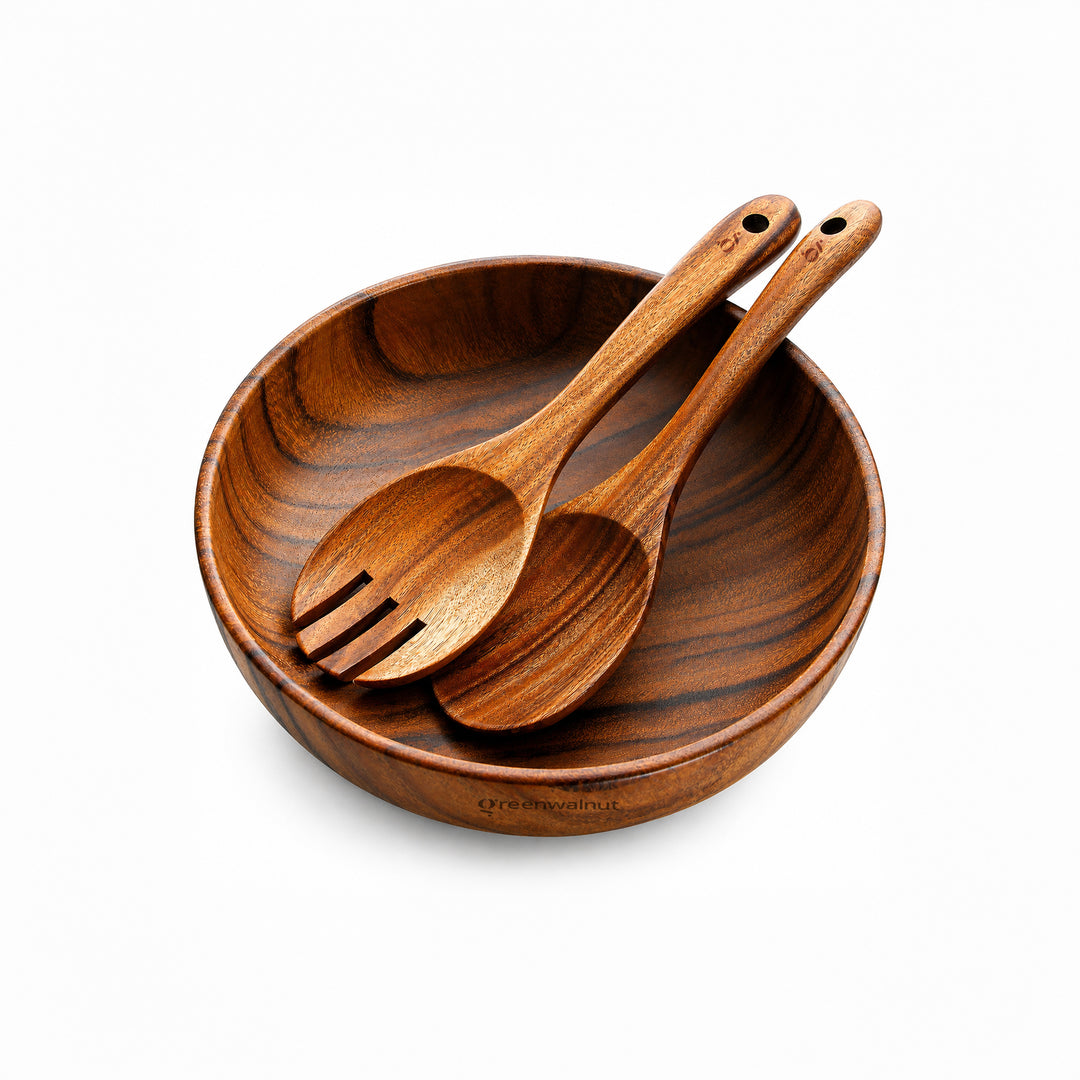 Acacia Wood Serving Bowl Set – Salad Bowl with Matching Serving Spoons