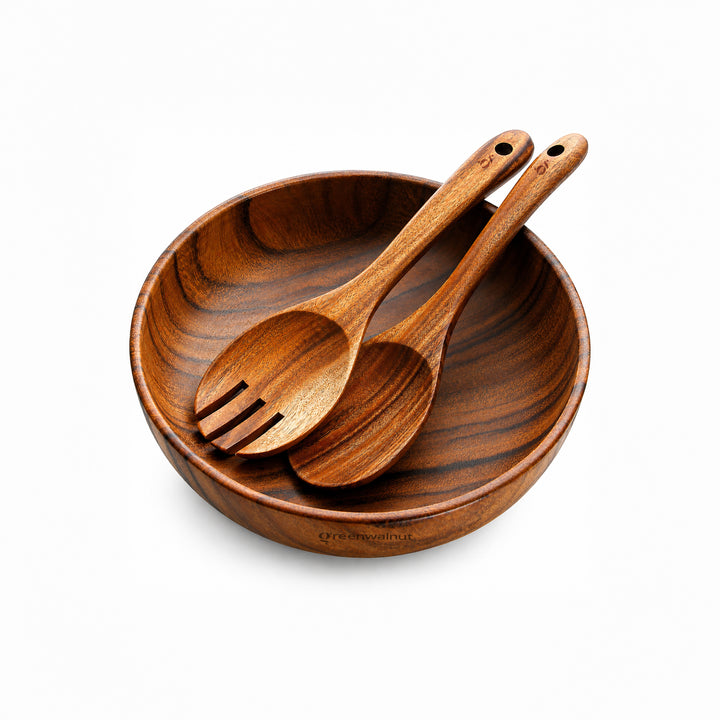 Acacia Wood Serving Bowl Set – Salad Bowl with Matching Serving Spoons