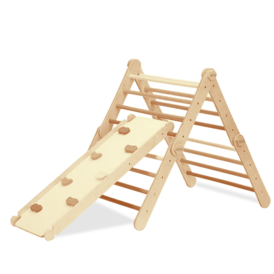 Large Convertible Wooden Pikler Triangle Gym With Slide & Ramp | Multifold Climbing Gym - Green Walnut Inc.