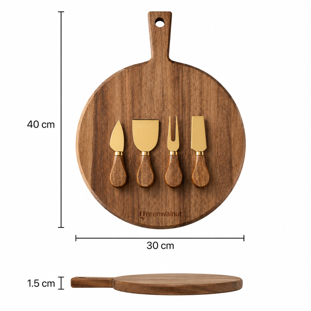 Acacia Wood Cheese Board & Gold Stainless Steel Cheese Knife Set – Premium Charcuterie Serving Board with 4 Cheese Tools