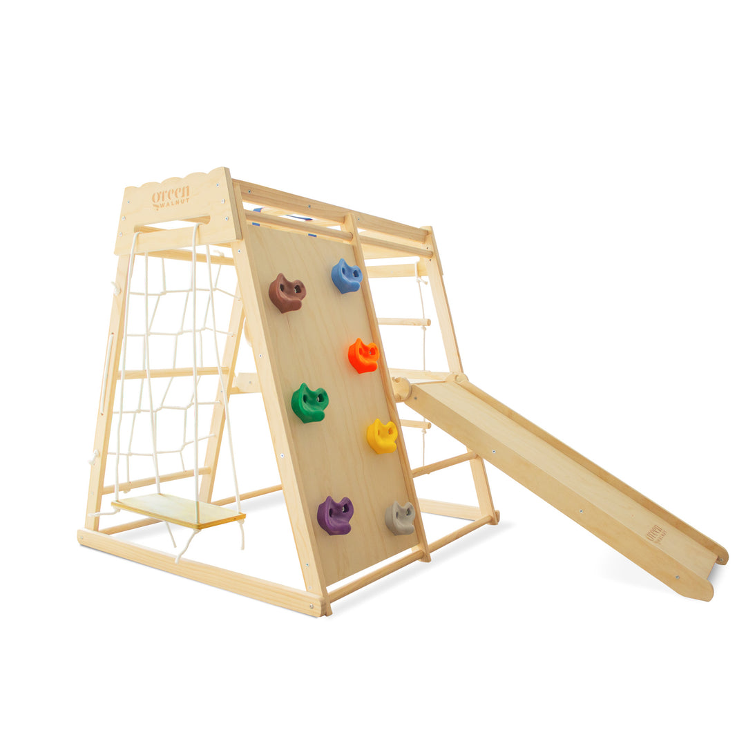 Portique de jeu en bois 7 en 1 pour enfants avec toboggan, filet d'escalade et balançoire