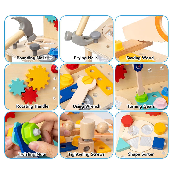 Wooden Kids Tool Bench Set with Gears, Nuts, Bolts & Building Accessories | Wooden Tool Workshop | Stem Toy