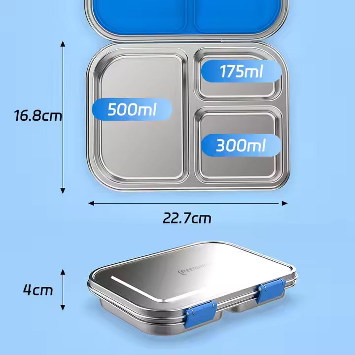 Stainless Steel Lunch Box with Leak-Proof Lid – 3-Compartment Food Container for Kids & Adults | BPA-Free, Durable & Easy to Clean