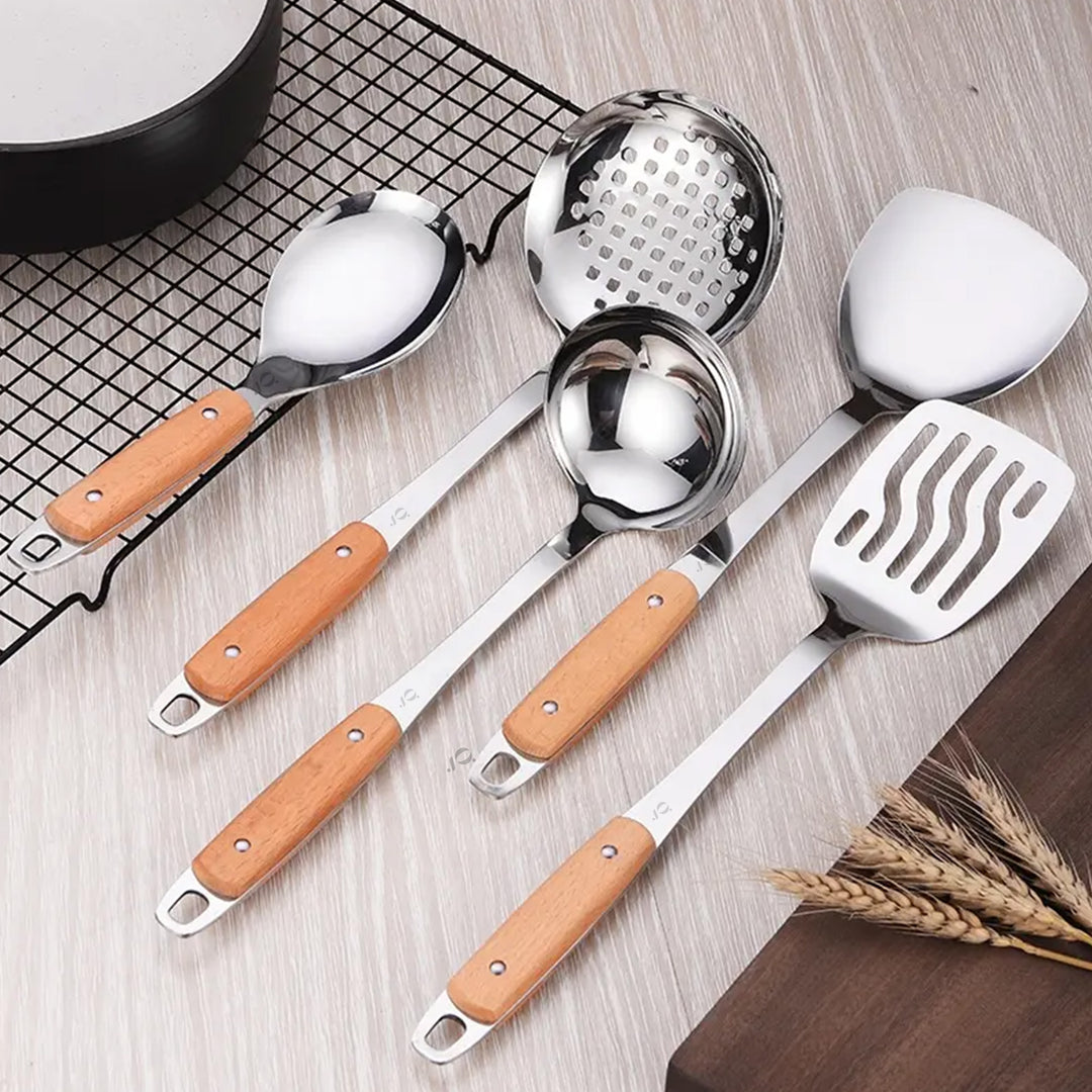 5-Piece Stainless Steel Kitchen Utensil Set with Wooden Handles