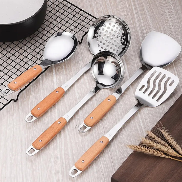5-Piece Stainless Steel Kitchen Utensil Set with Wooden Handles