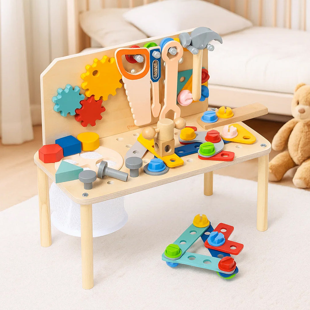 Wooden Kids Tool Bench Set with Gears, Nuts, Bolts & Building Accessories | Wooden Tool Workshop | Stem Toy