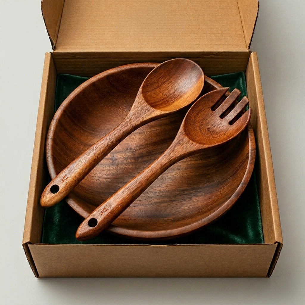 Acacia Wood Serving Bowl Set – Salad Bowl with Matching Serving Spoons