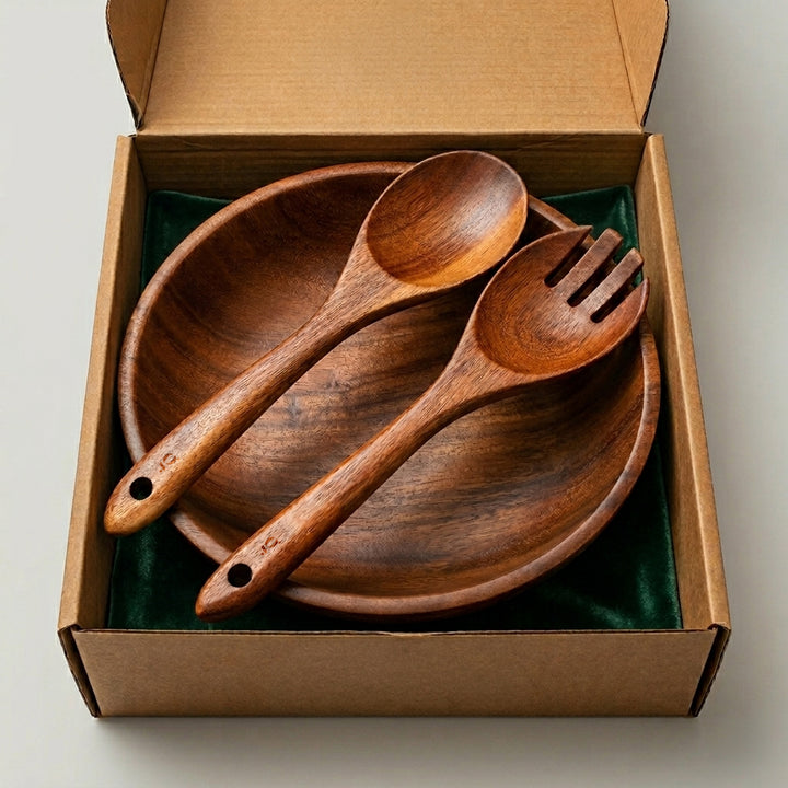 Acacia Wood Serving Bowl Set – Salad Bowl with Matching Serving Spoons