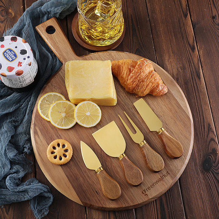 Acacia Wood Cheese Board & Gold Stainless Steel Cheese Knife Set – Premium Charcuterie Serving Board with 4 Cheese Tools