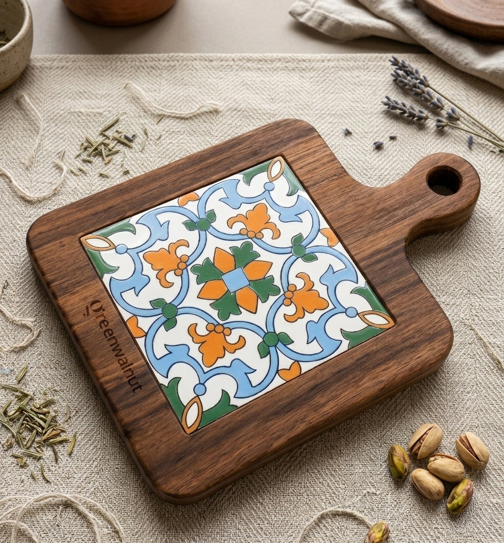 Acacia Wood Heat-Resistant Pot & Cup Trivets with Handcrafted Ceramic Tile Inlay | Wood Coasters | Pot Pad