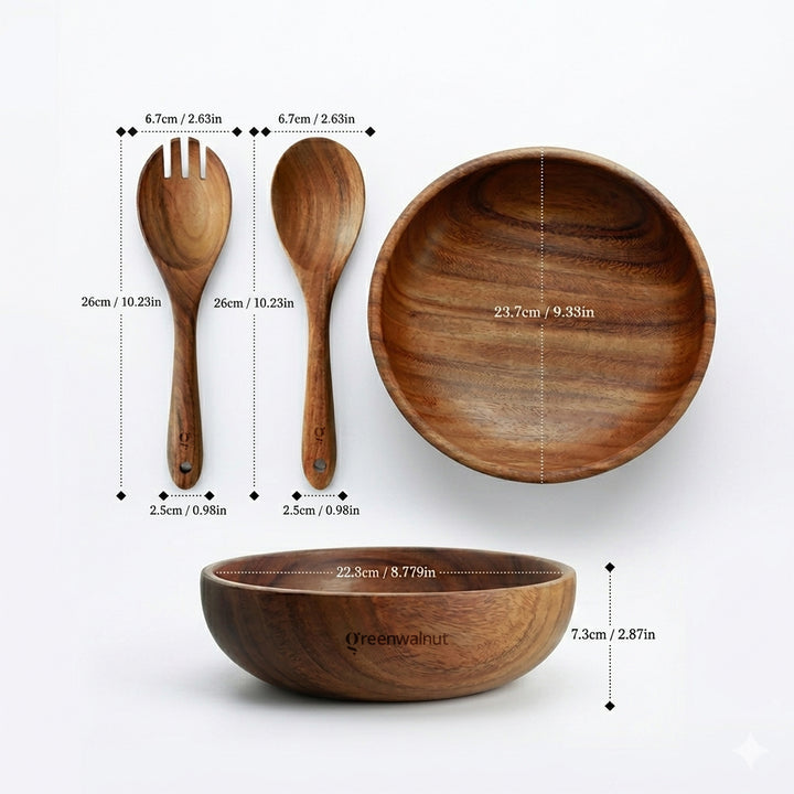 Acacia Wood Serving Bowl Set – Salad Bowl with Matching Serving Spoons