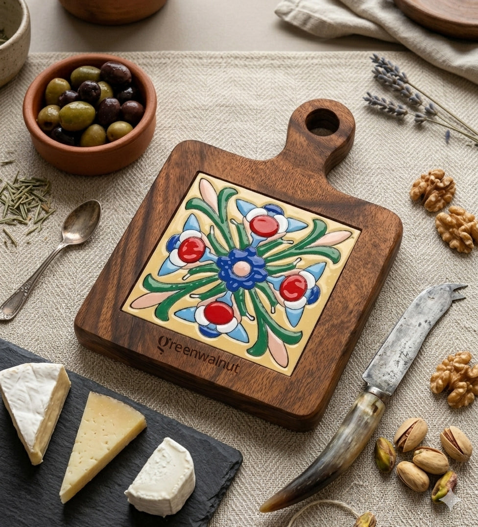 Acacia Wood Heat-Resistant Pot & Cup Trivets with Handcrafted Ceramic Tile Inlay | Wood Coasters | Pot Pad